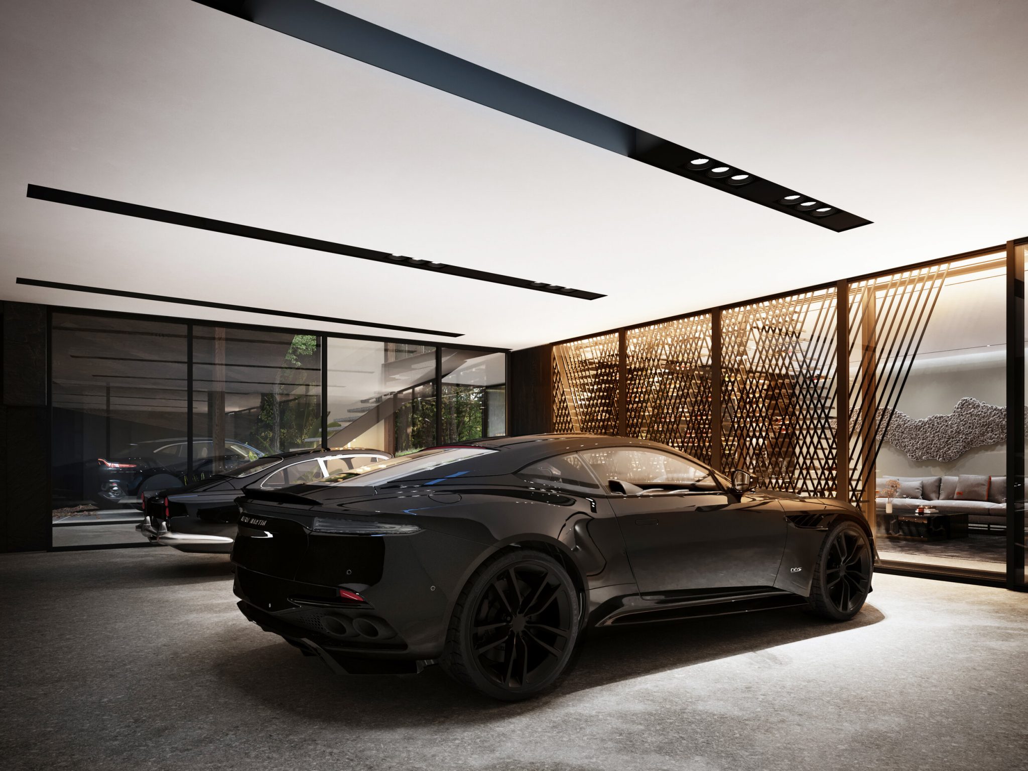 Garage van Aston Martin-huis Sylvan Rock